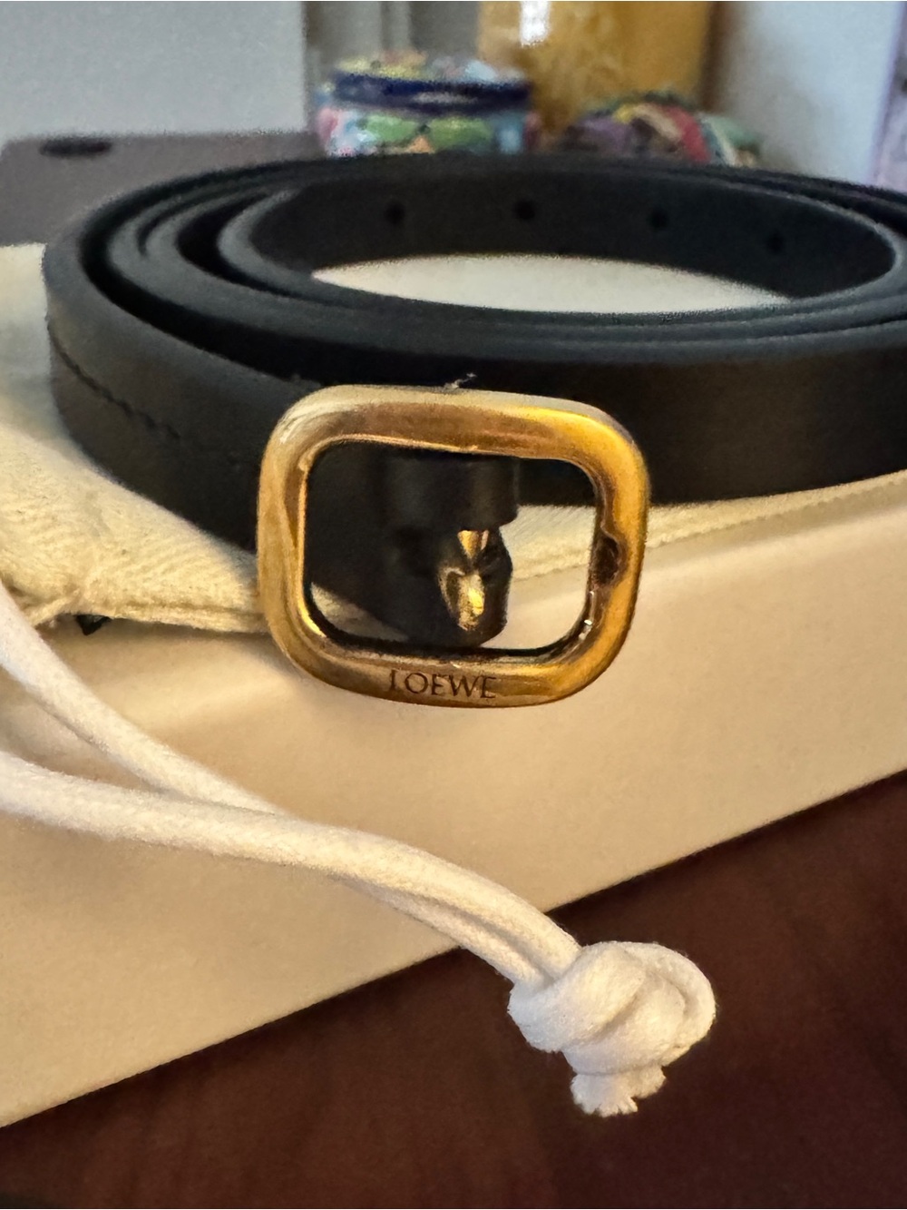 Loewe Black Leather Belt with Gold Buckle